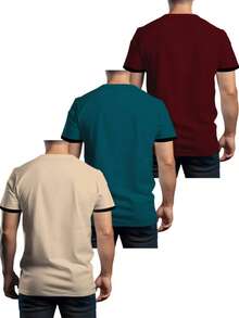 3pcs/Set Colorblock Striped Print Short Sleeve T-Shirts, Comfortable Loose Fit Tops, European And American Street Style Versatile Undershirts For Summer, Lightweight - Multicolor - View 2