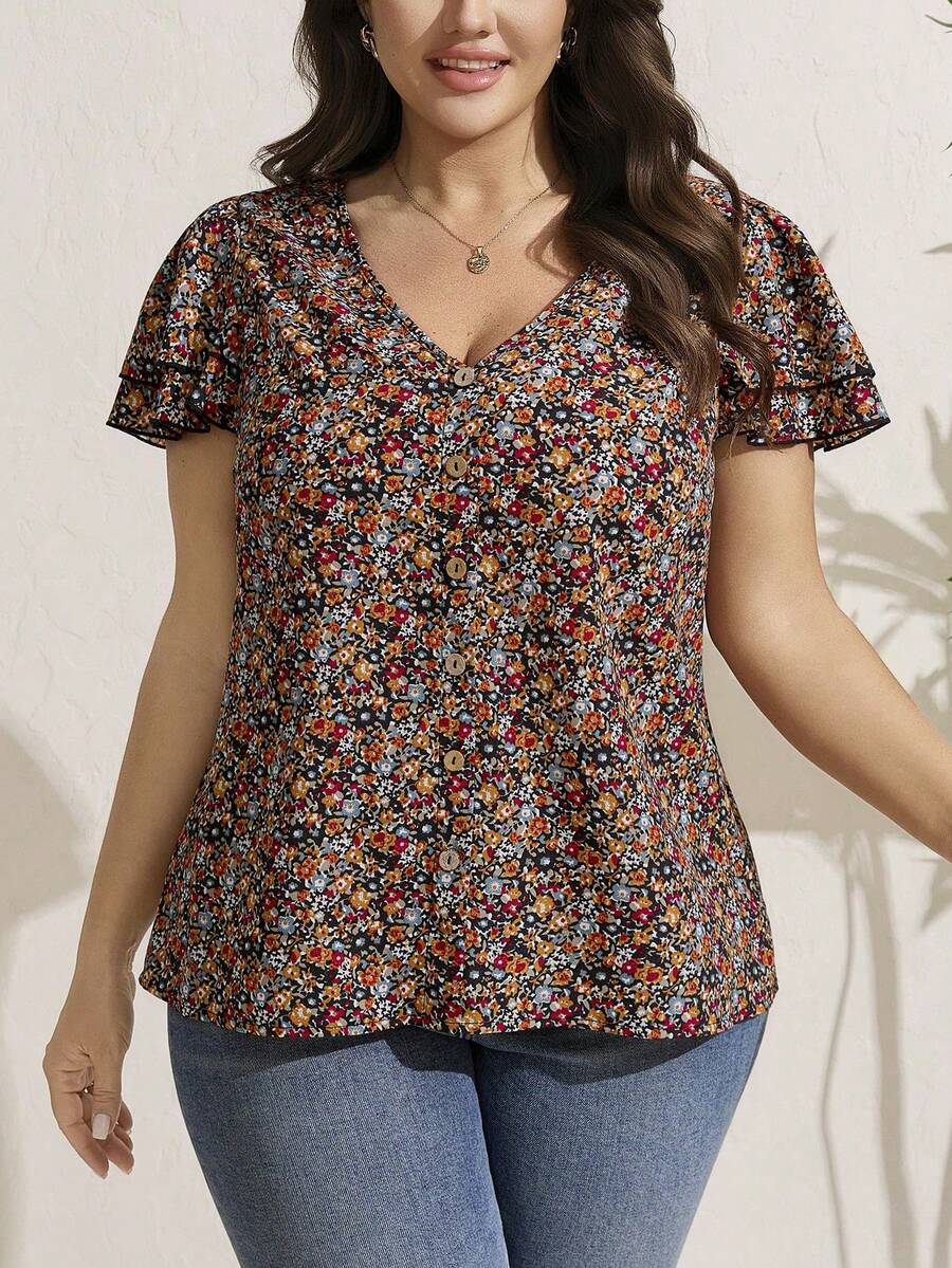 VCAY Blusa de vacaciones con cuello en V con volantes y manga corta para tallas grandes - Multicolor 2 - Ver 1