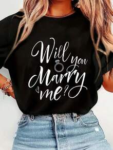 ¿Te casarías conmigo? - Camiseta de regalo de compromiso con gráfico pequeño, camiseta básica de manga corta casual para mujer, i parrimavera y verano - Negro - Ver 2