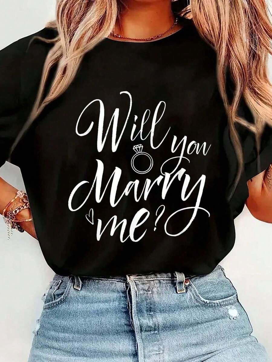 ¿Te casarías conmigo? - Camiseta de regalo de compromiso con gráfico pequeño, camiseta básica de manga corta casual para mujer, i parrimavera y verano