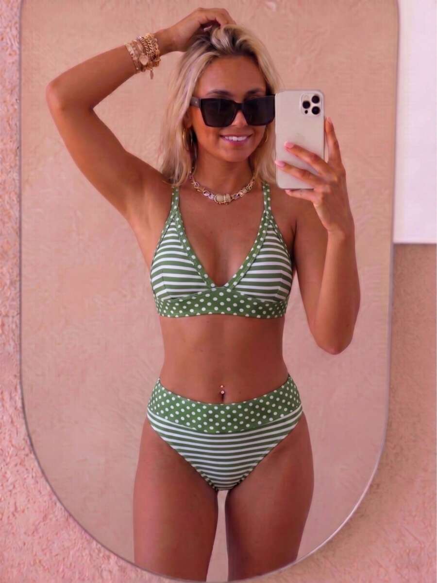 August vacation 夏季優雅女款時尚棕色波點與條紋印花前綁帶性感比基尼兩件式泳衣 度假款 - 橄欖綠+白 - 查看 1