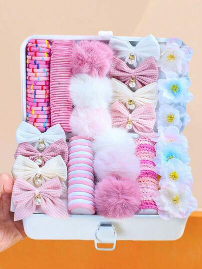 50/186pcs Cute Pink Hair Accessories Gift Set: Faux Fur Pom Pom Hair Ties, Pearl Bow Hair Clips, 3D Flower Hair Clips, Sweet And Adorable Girls Styling Set