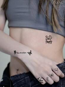30 Pieces Of High-Quality Black Temporary Tattoo Stickers With A Variety Of Designs, Including Flowers, Plants, Letters, Planets, Hearts, And Lines. Suitable For Fingers, Collarbones, Arms, Ankles, And Other Body Parts. Waterproof And Long-Lasting - Black - View 8