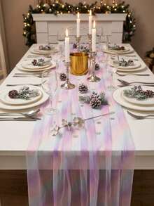 1pc Dreamy Rainbow Sheer Table Runner, Luxury Pink To Blue Gradient Polyester Fabric, Wrinkled Water Ripple Pattern, Macaron Gradient Design, Suitable For Wedding, Holiday, Coffee Table And Kitchen Decor, Wedding, Bridal Shower Decor, Room Decor, Home Decor, Wedding Decor, Photography Backdrop, All Seasons - Multicolor - View 4