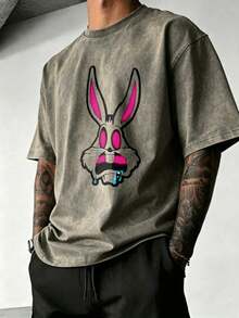 Unisex Men's All-Season T-Shirt, Loose Fit, Vintage Washed Fabric, Neon Pink Rabbit Head Print With Water Droplets, Ideal For Football, Urban Street Look, Father's Day Gift - 鉛灰色 - 查看 2
