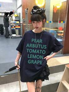 Y2K 夏季新款宽松休闲撞色字母印花藏蓝色女式短袖上衣 - 藏藍 - 查看 2