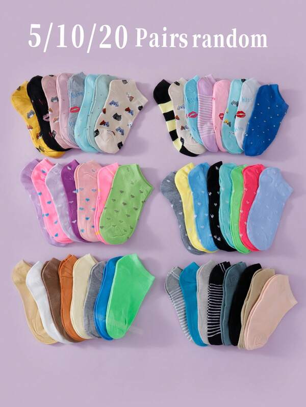 5/10/20 pares de calcetines cortos para mujer de color aleatorio con diseño de corazón, lunares, rayas, minimalista, uso diario, animal gato, finos, casuales y versátiles