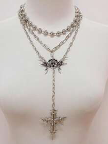 1pc Punk Personalized Fashion Design Streetwear Hip-Hop Style Thorn Spike Cross Skull Multi-Layer Beaded Chain Long Necklace, Daily Street Style Outfit - Multicolor - View 3