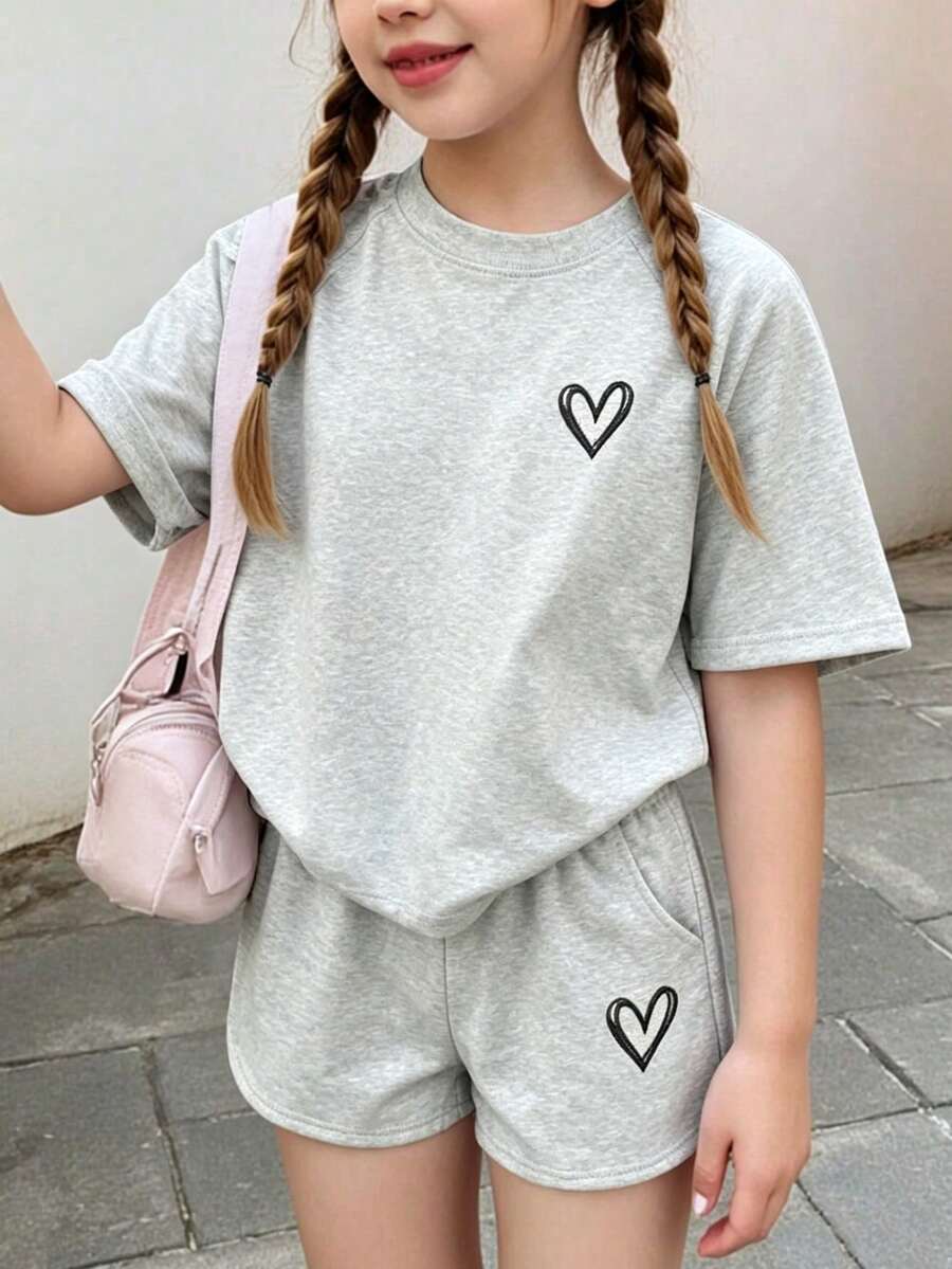 Conjunto de camiseta de manga corta con cuello redondo y estampado de dibujos animados, y pantalones cortos para niña preadolescente - Gris - Ver 1