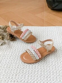 Sandali romani piatti con suola sottile intrecciata per ragazze, stile vacanza, adatti per l'estate - Dorato - Visualizzare 2