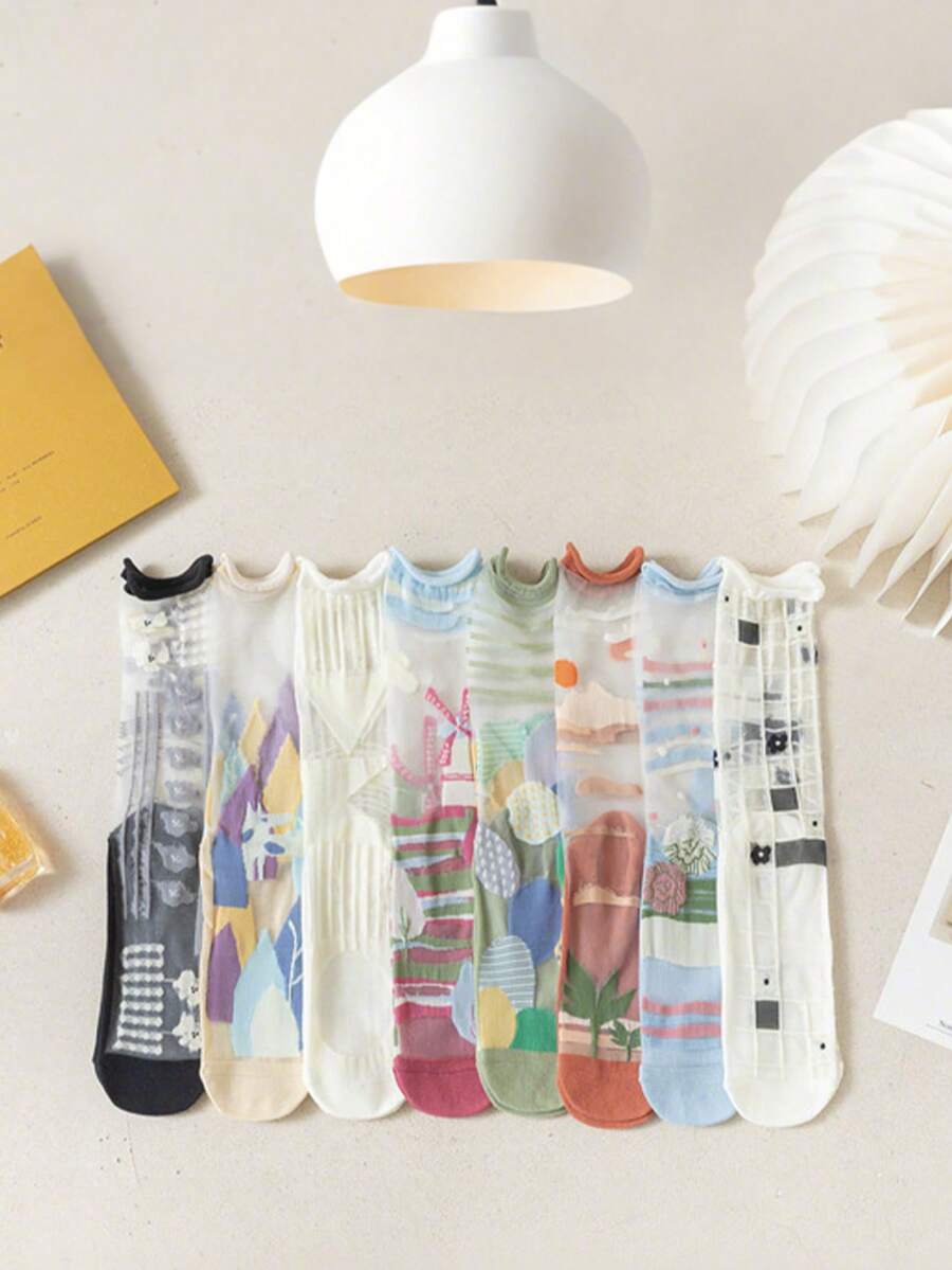 1 Pair Women's Ultra-Thin Summer Sheer Glass Silk Mid-Calf Socks, Sweet Cute Slouch Socks, Suitable For Daily And Date Wear - Multicolor - View 1