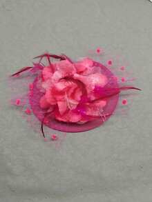 Bando Jepit Rambut Berhiaskan Bunga, Jala, dan Pita, Aksesori Kepala untuk Pesta Teh untuk Anak Perempuan dan Wanita - Hot Pink - View 2