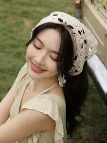 1PC Hollow Flower Headscarf Triangle Scarf Women's Beach Accessory Country Style Headpiece Beach French Hairband 2026 New Vintage Hairband Vacay Bandanas - Beige - View 6