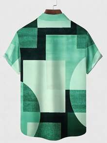 Men's Vintage Geometric Color Block Print Button Pocket Short Sleeve Shirt - Green - View 2