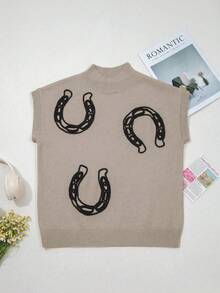 Women's Spring/Autumn Casual High Neck Embroidered Detail Sleeveless Knit Top Vest, Suitable For Daily Wear, Casual And Elegant Summer - Khaki - View 7