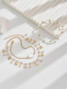 3pcs/Set Shiny Rhinestone Butterfly Tassel Anklet, With White Shell, Handmade Alloy Jewelry, Suitable For Daily Wear, Beach, Party, Music Festival - one-size - View 3
