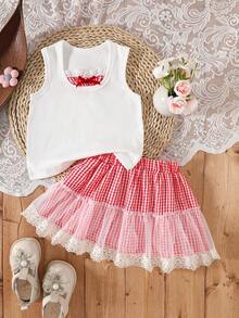 2pcs/Set Girls Sweet Bow Sleeveless Tank Top And Red Plaid Tulle Cake Skirt Summer Outfit - White - View 2