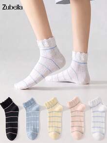 5 Pairs Women's Multiful-Colors Short Socks Ruffled Socks With Striped Patterns, Breathable, Moisture-Wicking, Suitable For Sports And Leisure - Multicolor - View 8