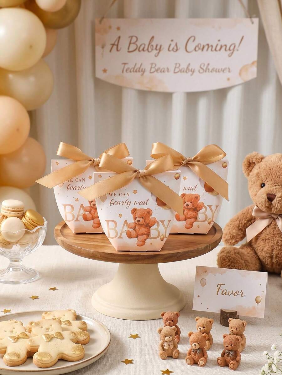 6pcs Teddy Bear Baby Shower Gift Bags With Gold Ribbon, Teddy Bear Theme Birthday, Wedding Favors, Gender Reveal Party, 1st Birthday Party
