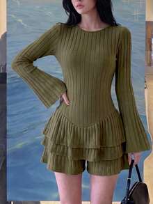 Women's Simple Elegant Comfortable Textured Ribbed Olive Green Knit Fabric Ruffle/Flounce Long Sleeve Short Double Layer Flounce Hem Jumpsuit For Office, Daily, Date, Suitable For Autumn/Winter - Olive Green - View 4