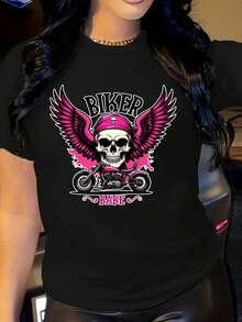 2026 Women's Shirts Women's White T-Shirt With Pink Wings And Biker Skull Graphic - Bold Biker Girl Design, Soft Crew Neck T-Shirt For Halloween, F - 黑色 - 查看 1