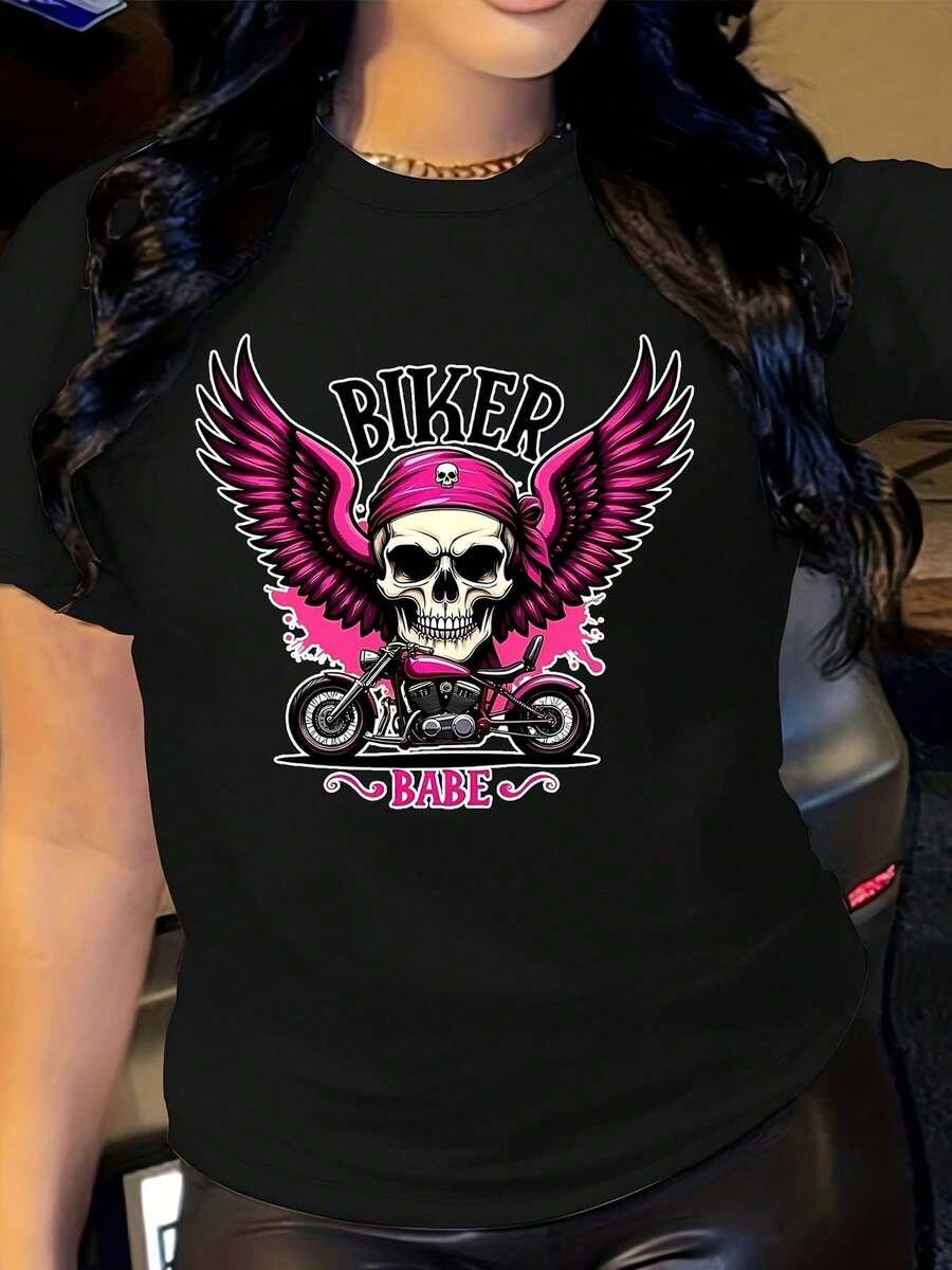 2026 Women's Shirts Women's White T-Shirt With Pink Wings And Biker Skull Graphic - Bold Biker Girl Design, Soft Crew Neck T-Shirt For Halloween, F - 黑色 - 查看 1