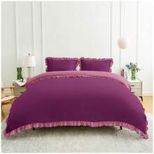VELVETIO Luxury Kendrick Frill Duvet Cover Set Reversible Bedding Set Soft Smooth Lightweight Microfiber Polyester With Matching Pillow Cases Elegant Ruffle Edge Plain Design Single Double King - Rosa Mulbury - Ver 2
