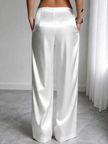 SwallowLucky Women's Satin Silk Solid Color Long Pants With Pockets And Zipper, Suitable For Vacation, Work, Brunch, Airport Outfits, White Spring Style - White - View 3