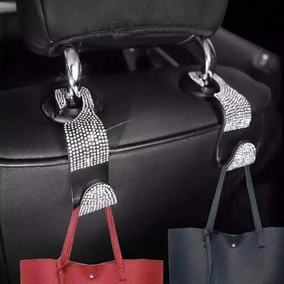 2/4pcs Black & White Diamond Car Seat Back Hooks, Convenient For Hanging Bags, Coats, Shopping Bags, Easily Solves In-Car Storage Issues, Simple Installation On Seat Back, Diamond Decor Adds Sophistication