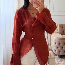 Women's Long-Sleeved T-Shirt With V-Neck, Tie And Asymmetrical Cut, Versatile And Casual, 2026 Collection - 紅色 - 查看 2