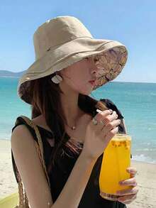 女款雙面花卉印花防曬漁夫帽，夏季防紫外線防風寬帽簷全臉遮陽帽 [無繩] - 顏色 - 查看 11