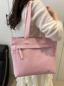 Fashion Versatile Textured Solid Color New Tote Large Bag Casual Minimalist Textured Solid Color Straw Woven Pattern Commute Vacation Shoulder Large Bag - Baby Pink - View 3