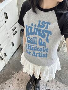 Y2K Blue Letter Print Raglan Sleeve T-Shirt Women Subculture Hot Girl Style Versatile Loose Short Sleeve Top Casual Summer - Dark Gray - View 1