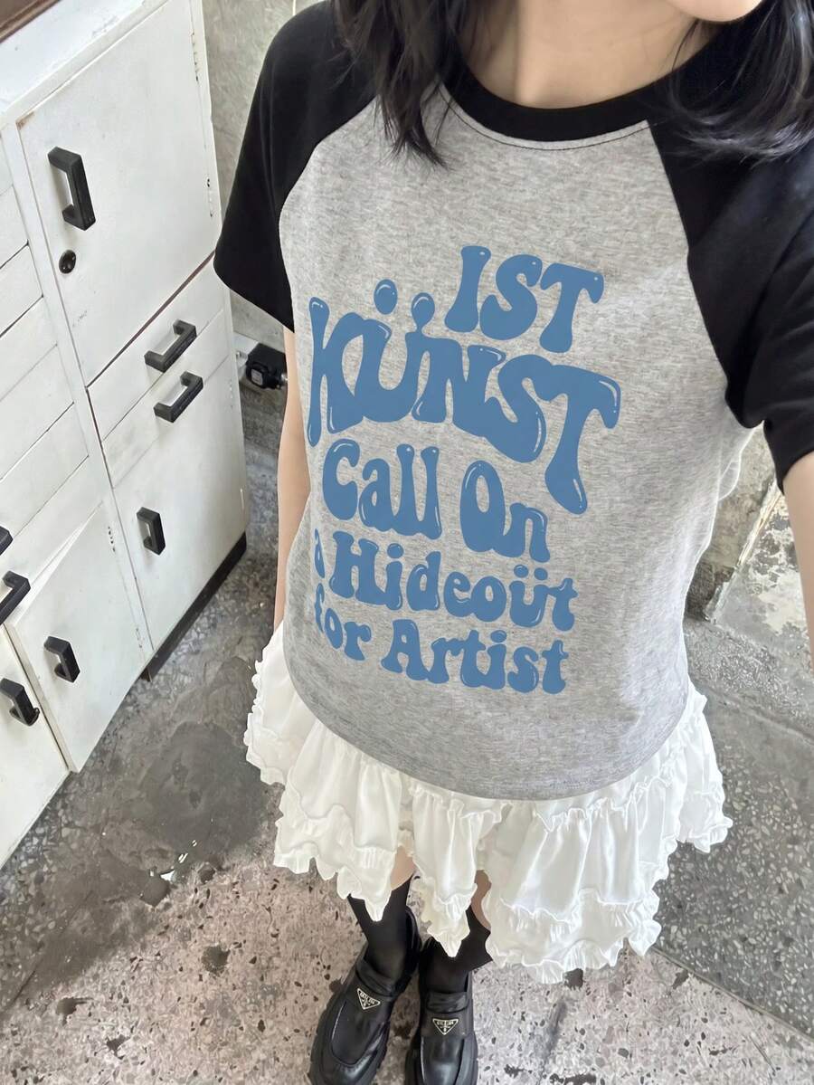 Y2K Blue Letter Print Raglan Sleeve T-Shirt Women Subculture Hot Girl Style Versatile Loose Short Sleeve Top Casual Summer - Dark Gray - View 1