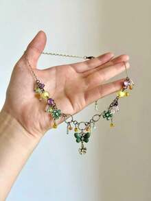 1pc Butterfly Flower Beaded Necklace Vintage Bohemian Style Metal Rhinestone Multi-Color Pendant Necklace, Suitable For Women's Daily, Party, Holiday Wear, Holiday Gift, Jewelry Gift - Multicolor - View 2