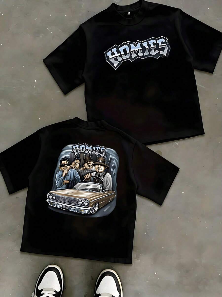 Artwork Shows Homies Cruising In A Classic Lowrider Car A Symbol Of Friendship And Loyalty Perfect For Hip Hop Streetwear Fashion Loving Adults Casual - 黑色 - 查看 1