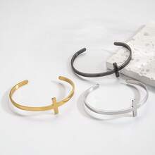 1pc Minimalist Fashion Stainless Steel Cross Bracelet, Suitable For Men's Daily, Holiday And Banquet Wear - Black - View 8