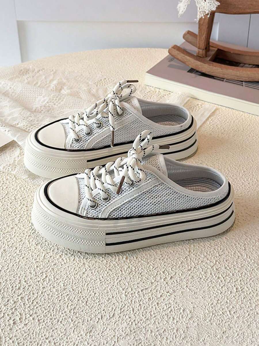 1雙中性兒童淺口鏤空透氣復古帆布拖鞋,軟底防滑運動鞋,百搭時尚戶外休閒樂福鞋,厚底丹寧嬰兒走路鞋,戶外學生校園滑板鞋,英式羅馬拖鞋,適合春夏季秋季 - 白色 - 查看 1