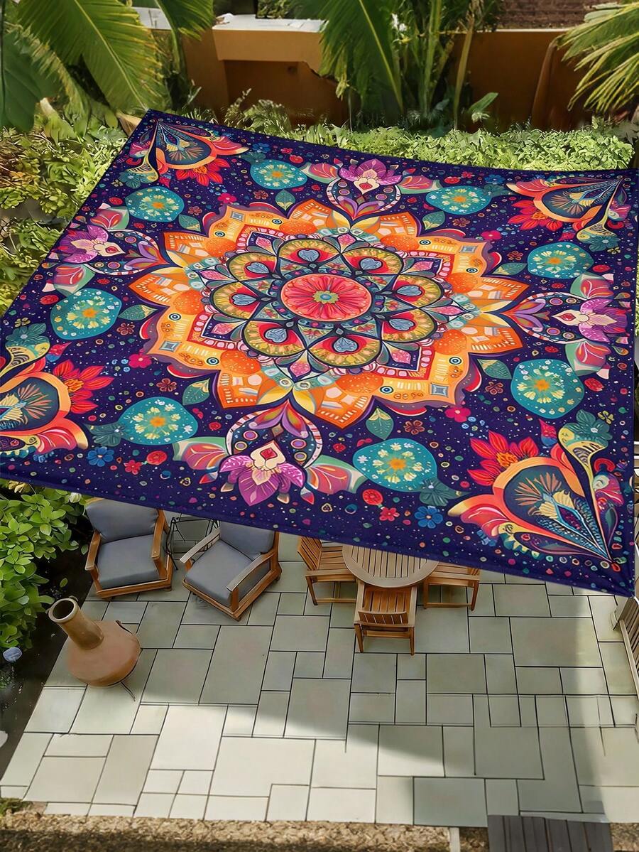 Colorful Geometric Floral Pattern Design Sunshade Cloth And Canopy, Multicolored Mandala Pattern With Floral Design Sunshade, 1pc 2D Flat Print Outdoor Camping Tent, Washable, Suitable For Various Scenes Such As Garden, Camping, Beach, Without Support Frame - Multicolor - View 1