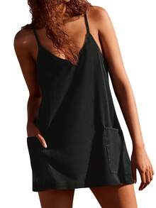 Women's Sleeveless Summer Mini Dress, Spaghetti Strap Style, Short Dress With Pockets - Black - View 5