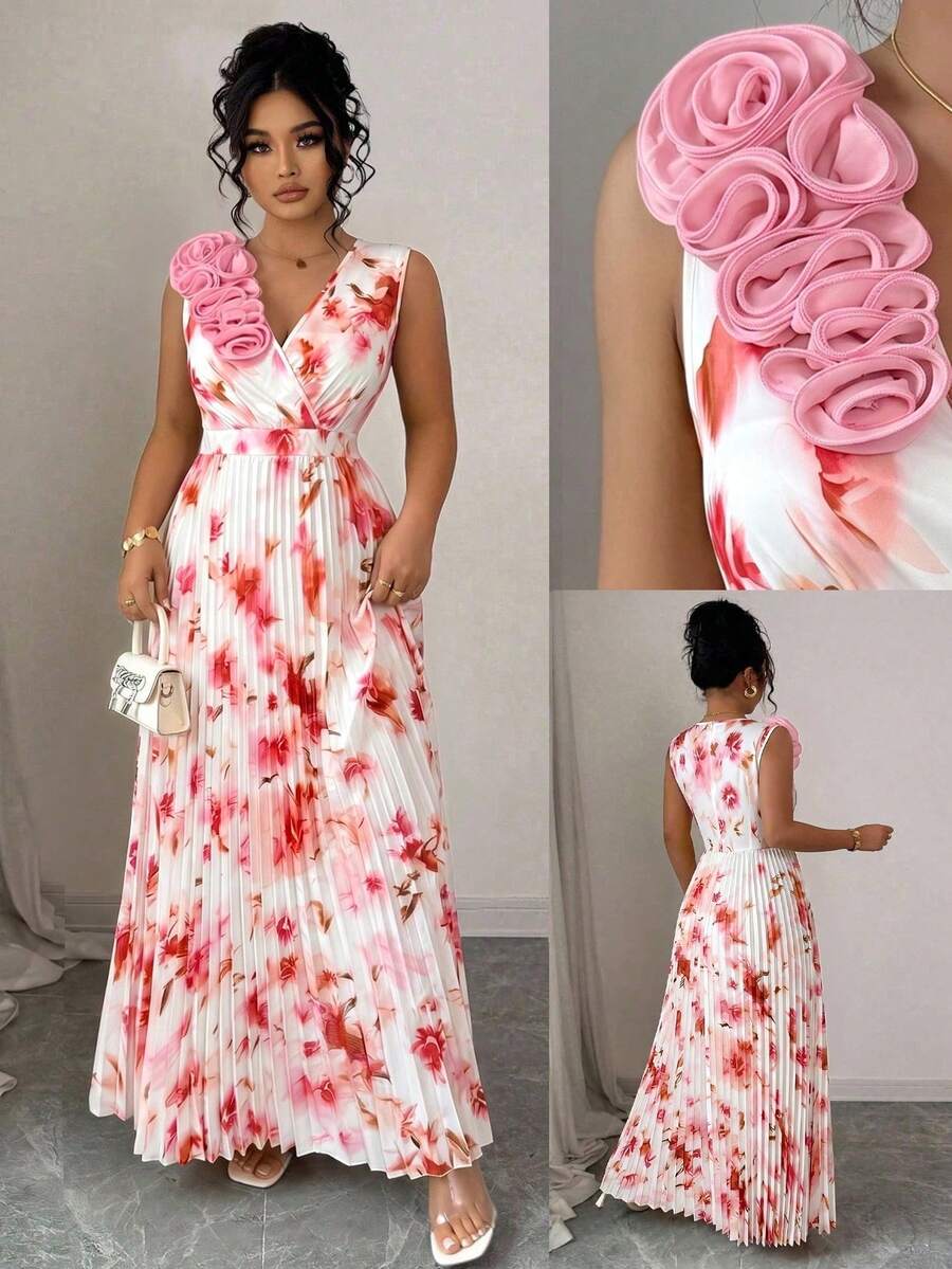 Vestido plisado de línea A de color crema amarillento, talla grande, con escote en V, sin mangas, cintura ceñida, sofisticado - Rosa - Ver 1