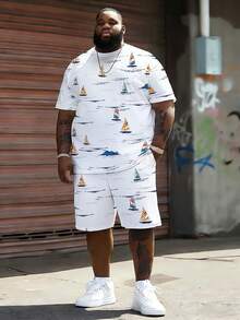 Plus Size Men's 2-Piece Outfit, Men's Street Casual Minimalist Series "Colorful Sailboat & Ocean Waves" Pattern Sports Set - Polyester Knit Fabric, Crew Neck Design, Drawstring Shorts, Pocket Detail, Regular Fit, Suitable For Plus Size - White - View 4