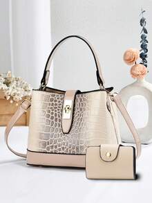 Crocodile Pattern Bucket Handbag, Glossy Patent Leather Top Handle Satchel Bag, Women Crossbody Shoulder Purse With Twist Lock Closure - Apricot - View 6