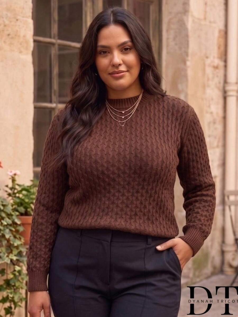 Women's Plus Size Elegant Long Sleeve Ribbed Knit Sweater - Winter Fashion - 鏽棕色 - 查看 1