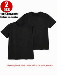 2Pack/Set Basic Black Crew Neck Tees Soft Polyester Breathable Fabric Short-Sleeve Crew Neck Tee, Versatile Layering Essential, Casual Basic Top - 黑色 - 查看 1