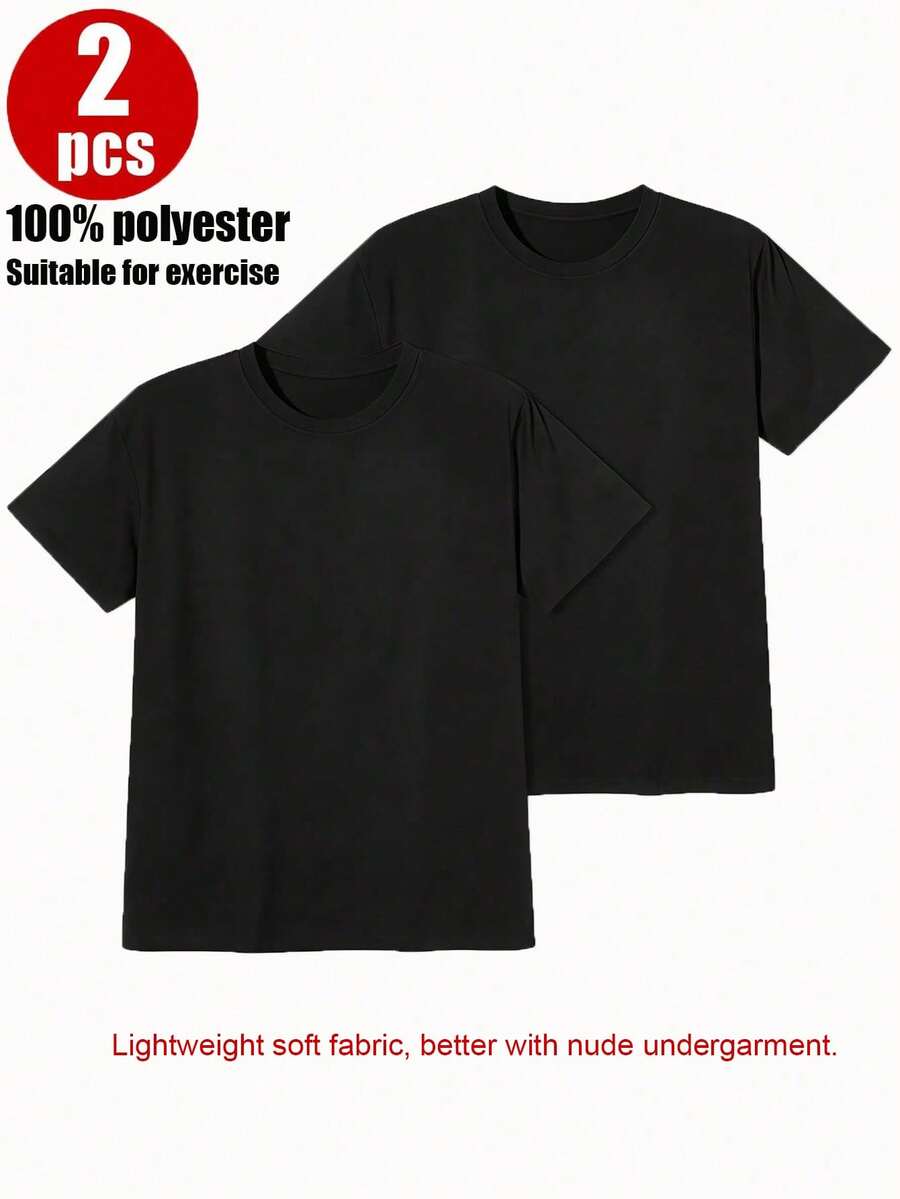 2Pack/Set Basic Black Crew Neck Tees Soft Polyester Breathable Fabric Short-Sleeve Crew Neck Tee, Versatile Layering Essential, Casual Basic Top - 黑色 - 查看 1