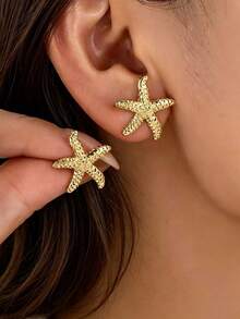 1 Paar modische, zarte, süße Seestern Ohrringe, 18 Karat vergoldet, vielseitiger Accessoire im Strandresort-Stil, geeignet für Strandpartys, Urlaub und den täglichen Gebrauch von Frauen - Gold - Übersicht 3