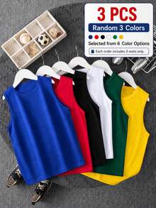 3pcs Tween Boy Casual Sleeveless Vest, Random 3 Colors From 6 Color Options, Comfortable Tank Tops For Spring/Summer, Sports, Vacation & Home Wear - Multicolor - View 1