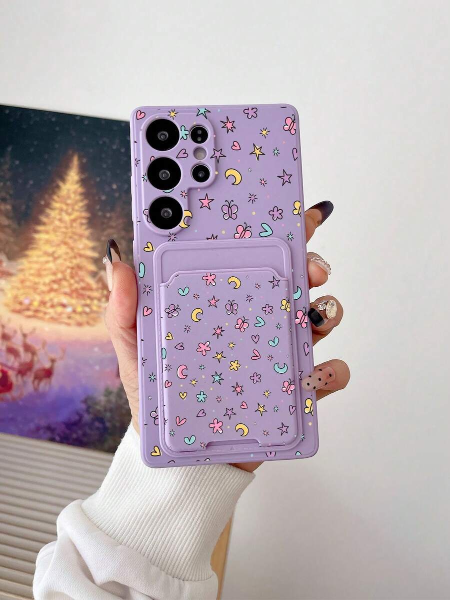 1 pieza Funda de teléfono TPU púrpura estilo Ins color caramelo con diseño floral de mariposa cobertura completa a prueba de golpes y 1 pieza soporte de tarjeta adhesivo púrpura estilo Ins color caramelo con diseño floral de mariposa, nueva 2 en 1 cobertura completa protectora a prueba de polvo y agua carcasa blanda compatible con Samsung/Oppoe/ - Multicolor - Ver 1