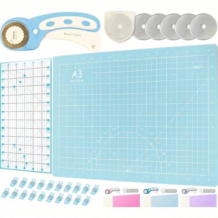 Pink Rotary Cutter Set - Sewing Kit, Includes 45mm Fabric Cutter, 5 Replacement Blades, A3 Cutting Mat, Acrylic Ruler, Craft Scissors Holder - Perfect For Crafting, Sewing, Quilting, Crochet, Etc. - Blue - View 1